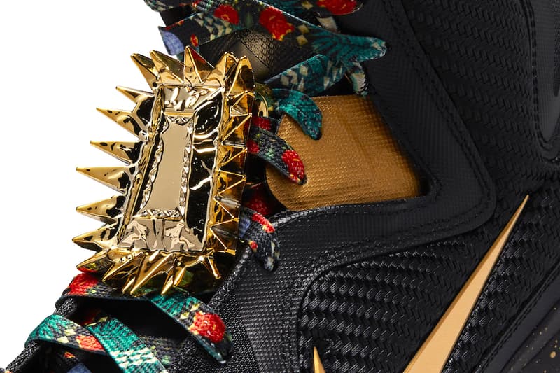 Nike LeBron 9 Watch The Throne January 6 DO9353 001 2022 Riccardo tisci black gold lace lock floral laces blue translucent sole shoes sneakers basketball exclusive release info date