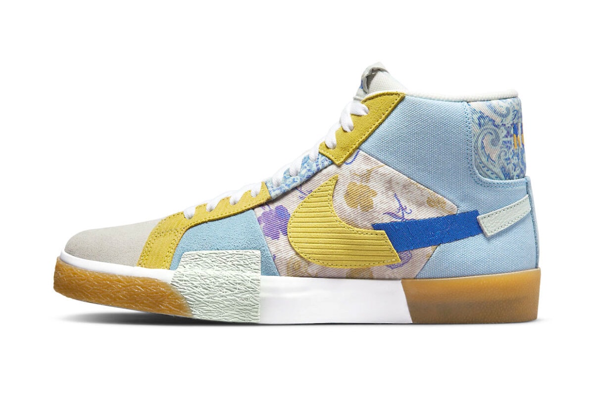 Nike SB Blazer Mid Edge Bandana Arrives in Patchwork Denim Print floral paisley suede canvas blue yellow white release info price date