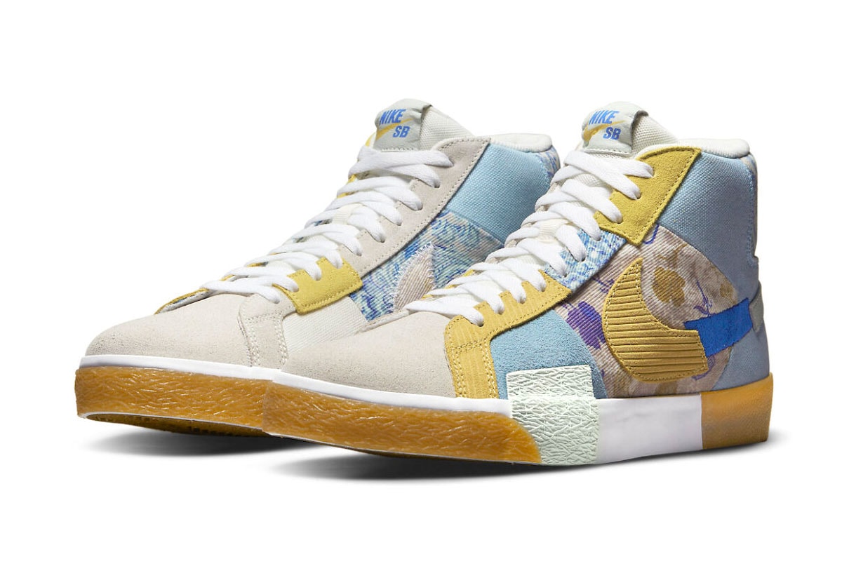 Nike SB Blazer Mid Edge Bandana Arrives in Patchwork Denim Print floral paisley suede canvas blue yellow white release info price date