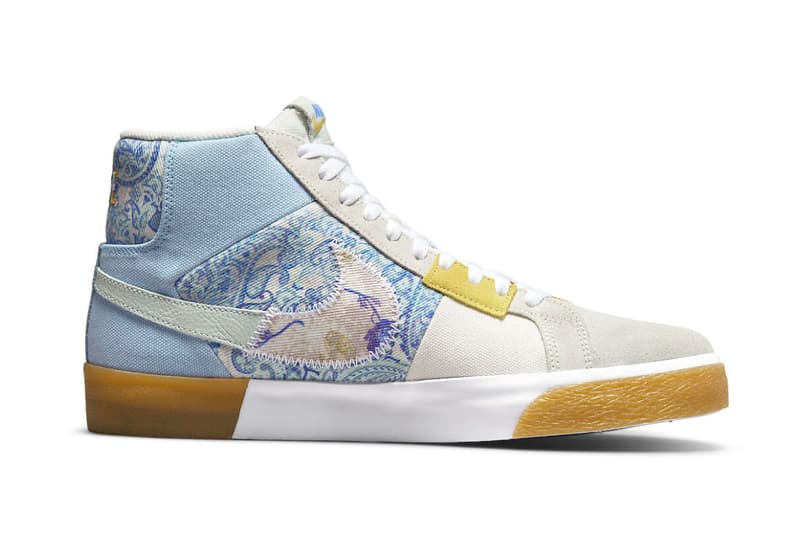 Nike SB Blazer Mid Edge Bandana Arrives in Patchwork Denim Print floral paisley suede canvas blue yellow white release info price date