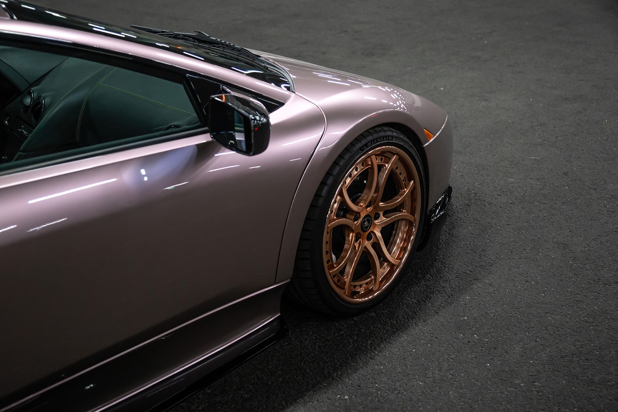 Peaches Ryo and His 2003 Lamborghini Murcielago drivers hypebeast car club purple pink gold rims