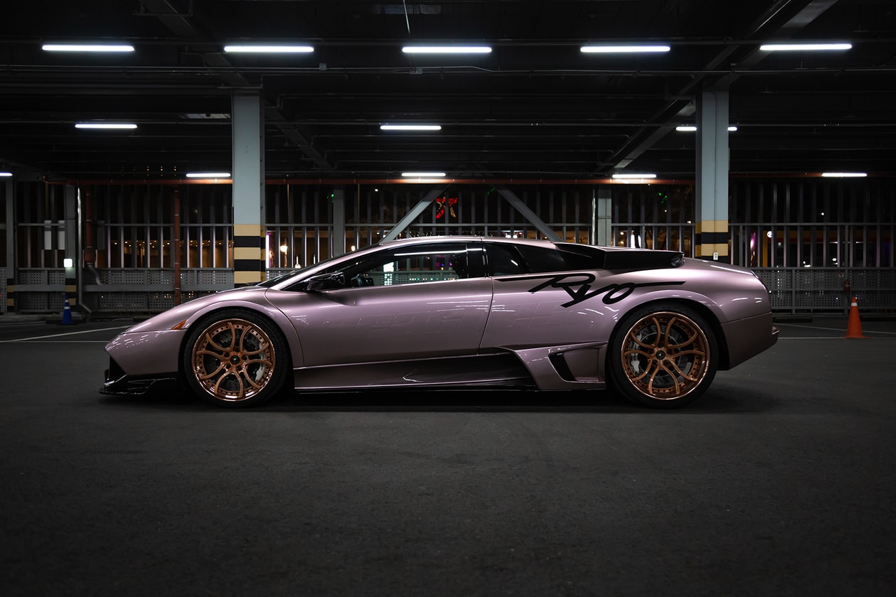 Peaches Ryo and His 2003 Lamborghini Murcielago drivers hypebeast car club purple pink gold rims