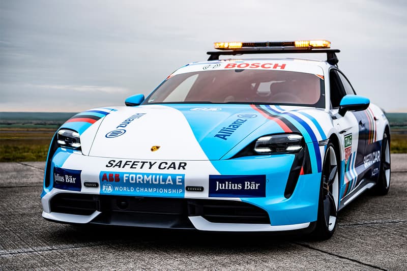 porsche taycan turbo formula e safety car diriya saudi arabia 11 teams 761 horsepower 0 to 100 km 2 8 seconds fire extinguisher communication system debut info