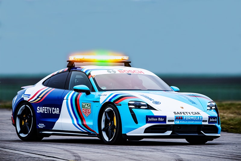porsche taycan turbo formula e safety car diriya saudi arabia 11 teams 761 horsepower 0 to 100 km 2 8 seconds fire extinguisher communication system debut info