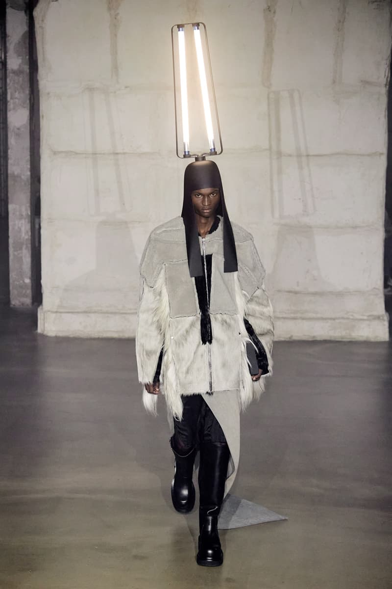 Rick Owens "STROBE" Fall 2022 Menswear Paris Fashion Week Palais de Tokyo Runway Collection Mens Review Lightbulb Hats Dan Flavin Kiss Boots