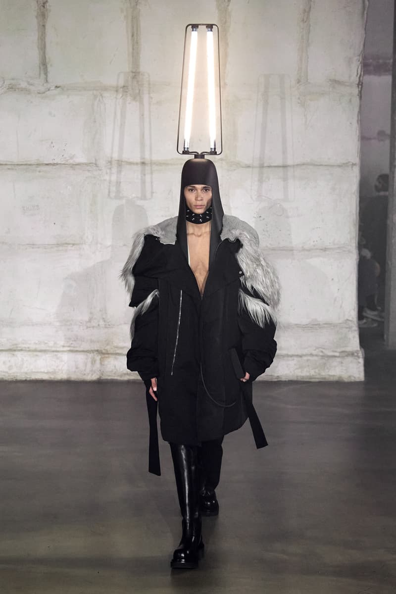 Rick Owens "STROBE" Fall 2022 Menswear Paris Fashion Week Palais de Tokyo Runway Collection Mens Review Lightbulb Hats Dan Flavin Kiss Boots