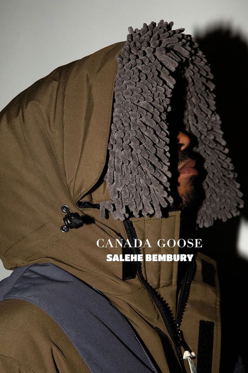 Salehe Bembury teases Canada Goose Outwear Collaboration finger print microfiber mop strands grey khaki fleece news