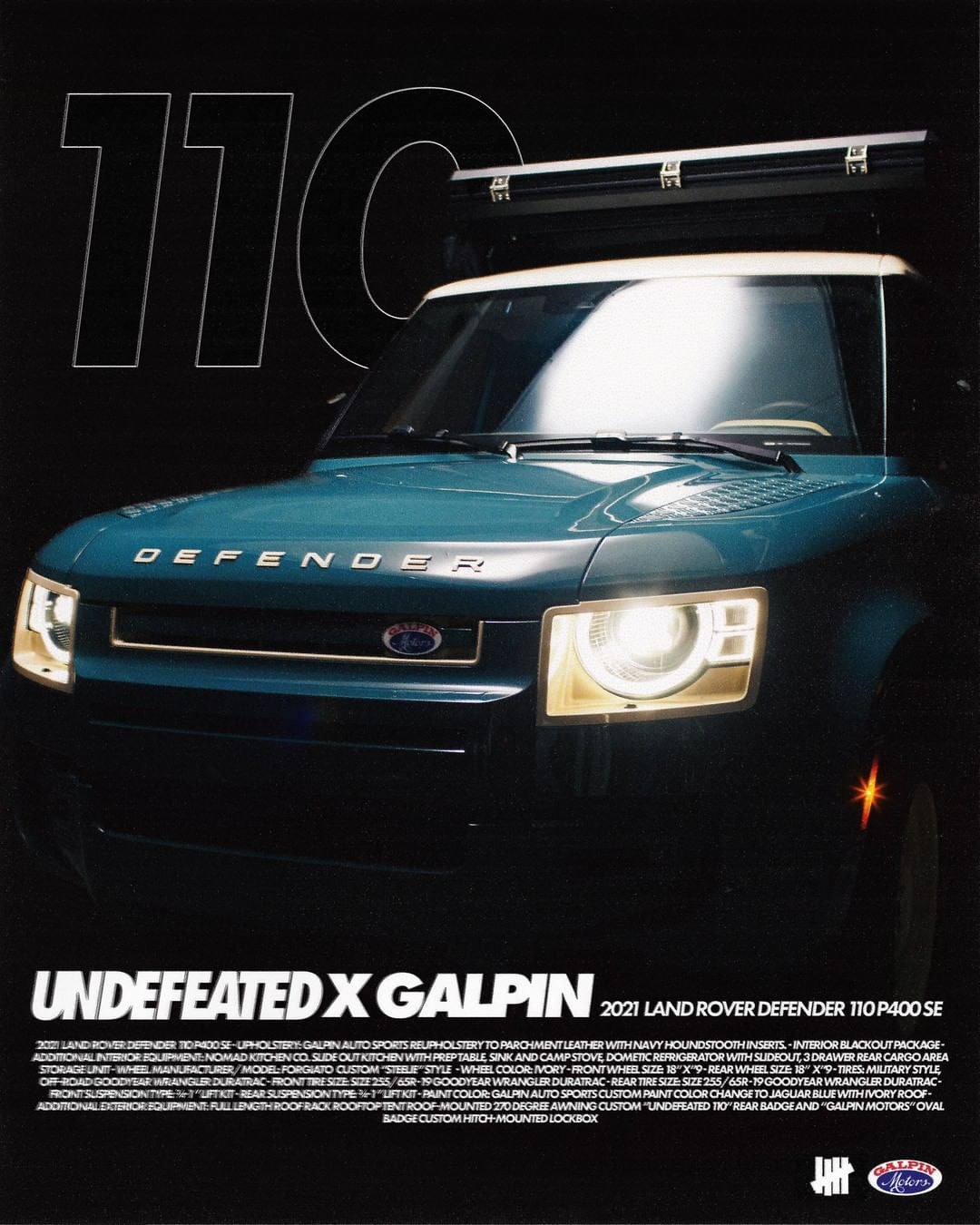 UNDEFEATED and Galpin Motors Reveal Two Custom Land Rovers Defnder 110 90 pimp my ride leather houndstooth beach towel tent slide out kitchen nomad  ivory steelie forgiato rims p400 release info