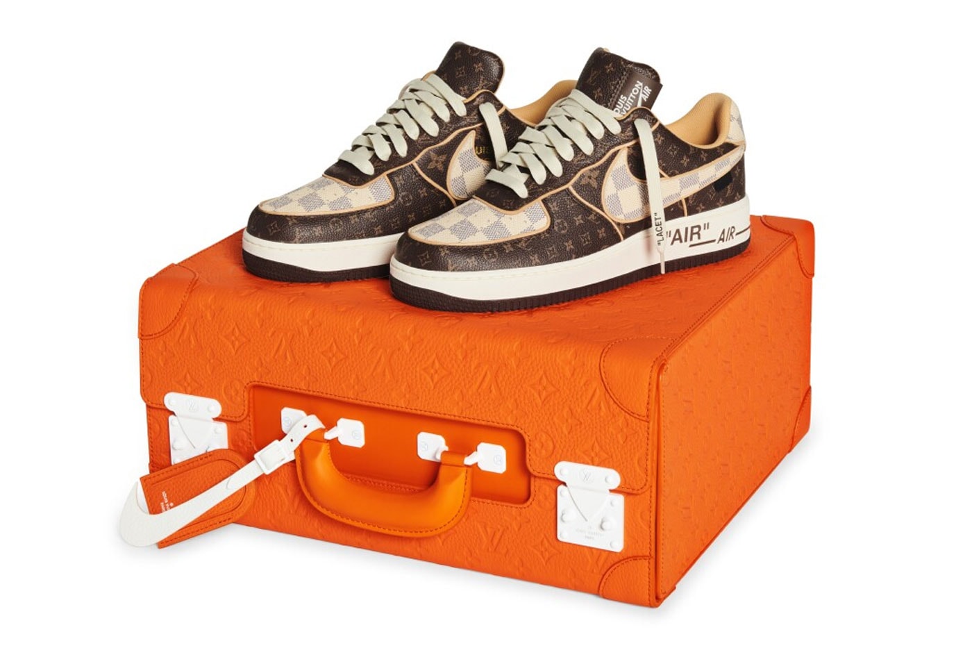 The Louis Vuitton x Nike Air Force 1 by Virgil Abloh Sneaker Is Currently Going for $90,000 USD sneakers sotheby's auctions lv monogram air bespoke