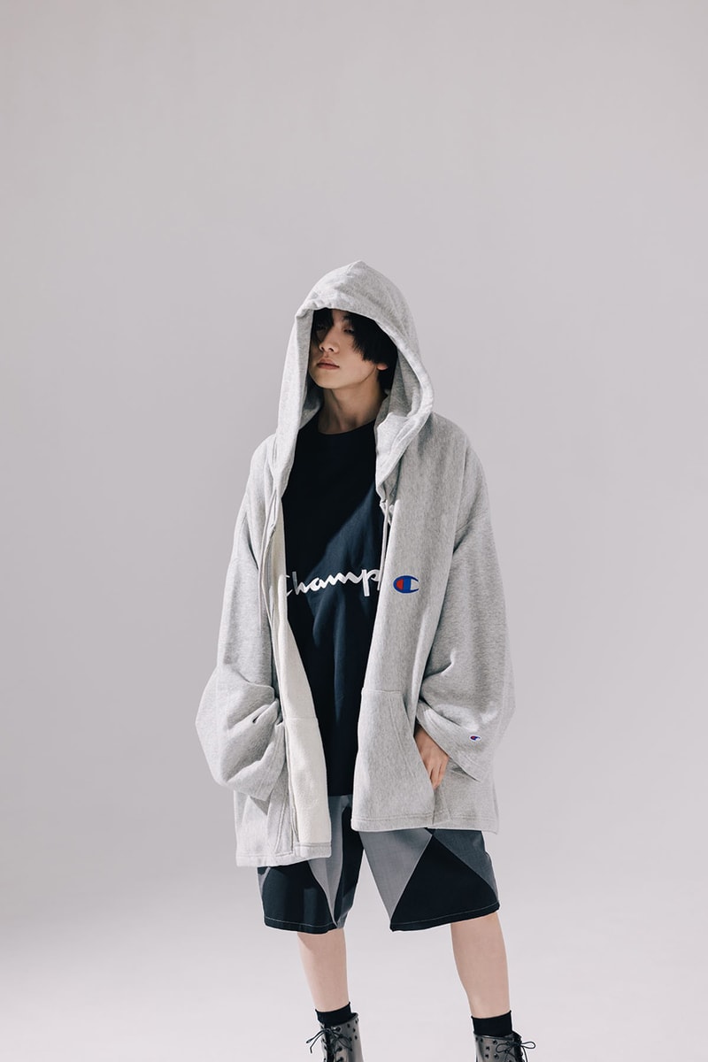 Champion First-Ever Collaboration Tokyo Label ANREALAGE Apparel Collection T-Shirts Hoodies Skirts Sweatpants Oversize Sportswear ○ △ □ 3D Geometric Garments Asymmetrical A-Line Cut Drape Fluid Experimental Fashion Kunihiko Morinaga Japan 