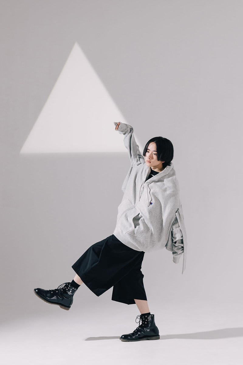 Champion First-Ever Collaboration Tokyo Label ANREALAGE Apparel Collection T-Shirts Hoodies Skirts Sweatpants Oversize Sportswear ○ △ □ 3D Geometric Garments Asymmetrical A-Line Cut Drape Fluid Experimental Fashion Kunihiko Morinaga Japan 