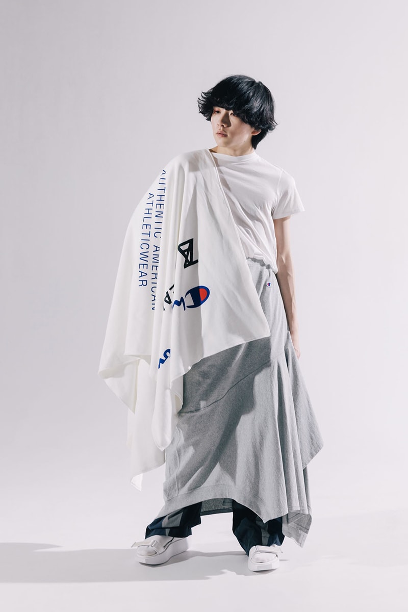 Champion First-Ever Collaboration Tokyo Label ANREALAGE Apparel Collection T-Shirts Hoodies Skirts Sweatpants Oversize Sportswear ○ △ □ 3D Geometric Garments Asymmetrical A-Line Cut Drape Fluid Experimental Fashion Kunihiko Morinaga Japan 