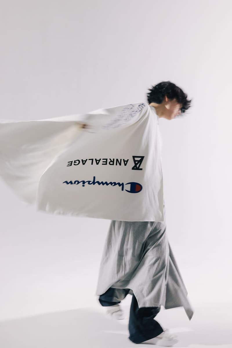 Champion First-Ever Collaboration Tokyo Label ANREALAGE Apparel Collection T-Shirts Hoodies Skirts Sweatpants Oversize Sportswear ○ △ □ 3D Geometric Garments Asymmetrical A-Line Cut Drape Fluid Experimental Fashion Kunihiko Morinaga Japan 