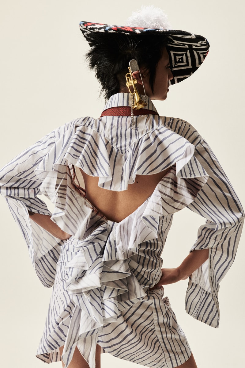 Charles Jeffrey Loverboy AW22 2022 Collection Autumn Winter Luxury Fashion Dresses Pants Tops Jackets Blazers Tom Furse The Horrors Robert Fox Italian Sales Tomorrow Vinyl Record Frayed Collar Ruffle Sheer Diaphanous Gossamer Silk Cotton New York  