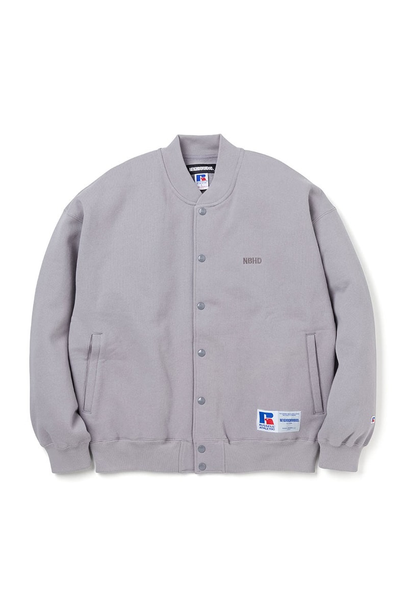 NEIGHBORHOOD x RUSSELL ATHLETIC Sportswear Moisture Wicking Quick-Dry Jersey Cotton Baseball Jacket Soft Apparel Collaboration High-Performance Hoodies Sweatpants T-Shirts Cream White Grey Crewnecks Pull-Overs Neutral Tones