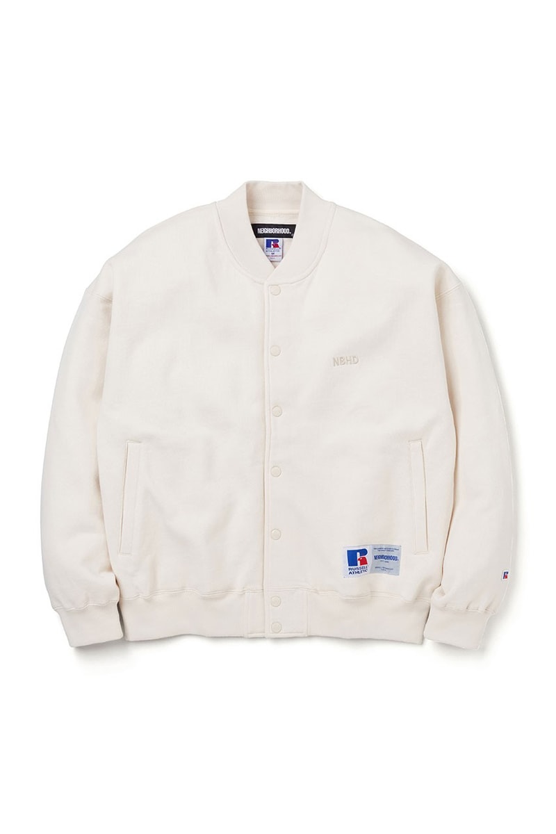 NEIGHBORHOOD x RUSSELL ATHLETIC Sportswear Moisture Wicking Quick-Dry Jersey Cotton Baseball Jacket Soft Apparel Collaboration High-Performance Hoodies Sweatpants T-Shirts Cream White Grey Crewnecks Pull-Overs Neutral Tones