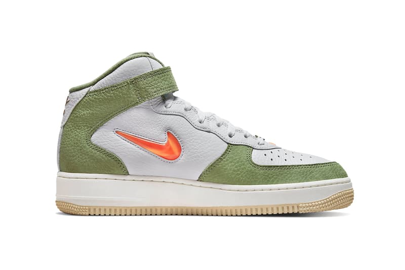 Nike Official Images Air Force 1 Mid Olive Green Bright Orange Swoosh Hi-Top Colorway Pebbled Leather White Upper Velcro Strap White Laces Logo Sportswear Sneakers 