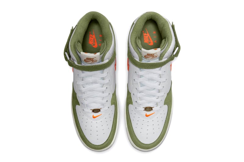 Nike Official Images Air Force 1 Mid Olive Green Bright Orange Swoosh Hi-Top Colorway Pebbled Leather White Upper Velcro Strap White Laces Logo Sportswear Sneakers 