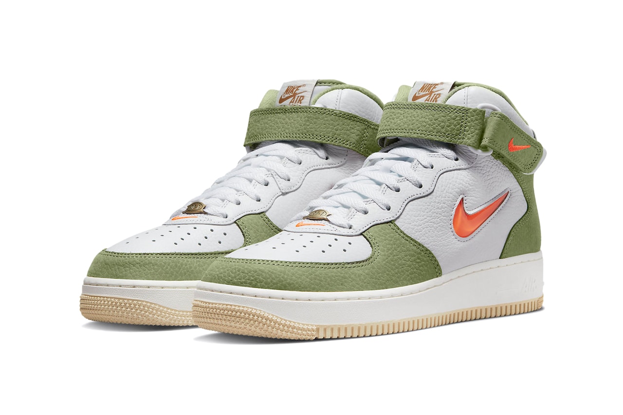 Nike Official Images Air Force 1 Mid Olive Green Bright Orange Swoosh Hi-Top Colorway Pebbled Leather White Upper Velcro Strap White Laces Logo Sportswear Sneakers 
