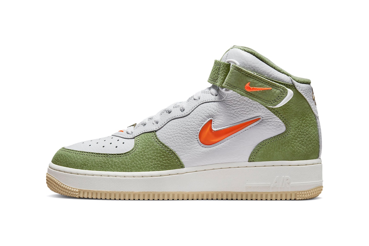 Nike Official Images Air Force 1 Mid Olive Green Bright Orange Swoosh Hi-Top Colorway Pebbled Leather White Upper Velcro Strap White Laces Logo Sportswear Sneakers 