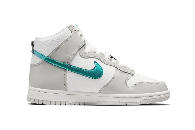 Official Photos Nike Dunk High “Ring Bling” Teal Metallic Tumbled Leather Pebbled Leather Overlay Nike Swoosh Air Max Plus 3M Technology White Laces Midsole Teal Logo Insole 
