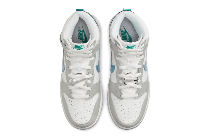 Official Photos Nike Dunk High “Ring Bling” Teal Metallic Tumbled Leather Pebbled Leather Overlay Nike Swoosh Air Max Plus 3M Technology White Laces Midsole Teal Logo Insole 