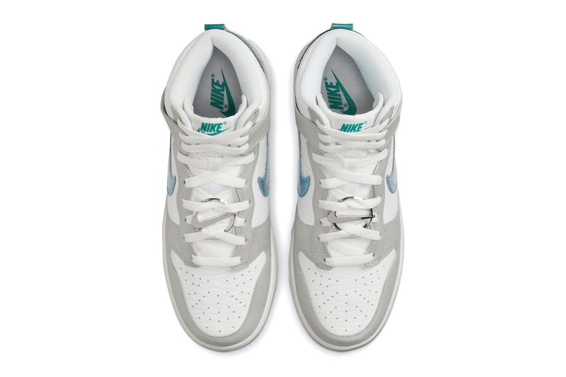 Official Photos Nike Dunk High “Ring Bling” Teal Metallic Tumbled Leather Pebbled Leather Overlay Nike Swoosh Air Max Plus 3M Technology White Laces Midsole Teal Logo Insole 