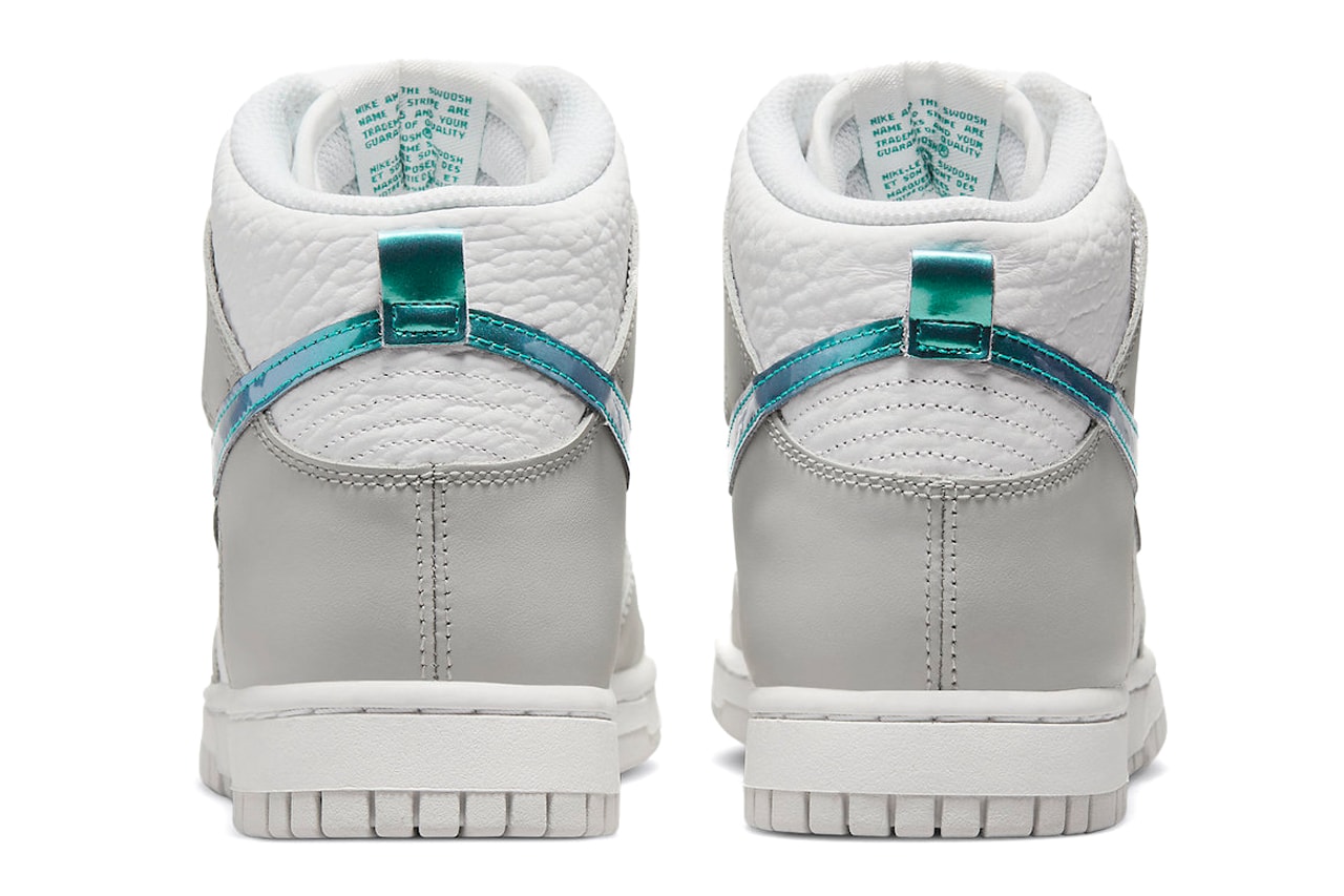 Official Photos Nike Dunk High “Ring Bling” Teal Metallic Tumbled Leather Pebbled Leather Overlay Nike Swoosh Air Max Plus 3M Technology White Laces Midsole Teal Logo Insole 
