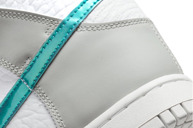 Official Photos Nike Dunk High “Ring Bling” Teal Metallic Tumbled Leather Pebbled Leather Overlay Nike Swoosh Air Max Plus 3M Technology White Laces Midsole Teal Logo Insole 