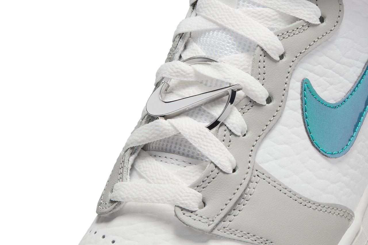 Official Photos Nike Dunk High “Ring Bling” Teal Metallic Tumbled Leather Pebbled Leather Overlay Nike Swoosh Air Max Plus 3M Technology White Laces Midsole Teal Logo Insole 