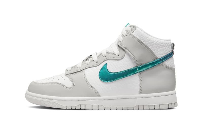 Official Photos Nike Dunk High “Ring Bling” Teal Metallic Tumbled Leather Pebbled Leather Overlay Nike Swoosh Air Max Plus 3M Technology White Laces Midsole Teal Logo Insole 