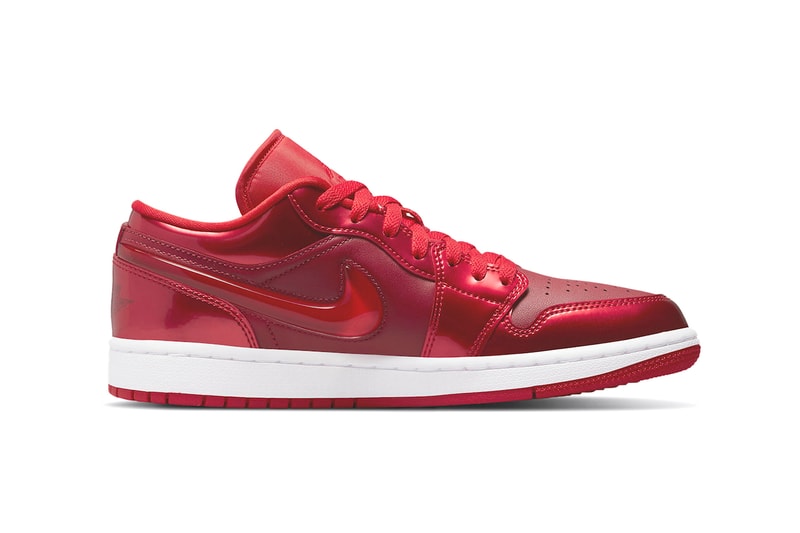 Official Images of Nike Air Jordan 1 Low SE “Pomegranate" Glossy Red Leather Low Top Jelly Swoosh Perforated Toe Cap Stacked Heel White Midsole Red Outsole Jumpman Eyestays Colorway Release Date 