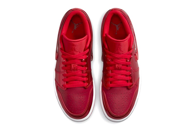 Official Images of Nike Air Jordan 1 Low SE “Pomegranate" Glossy Red Leather Low Top Jelly Swoosh Perforated Toe Cap Stacked Heel White Midsole Red Outsole Jumpman Eyestays Colorway Release Date 