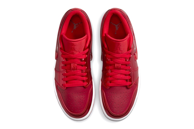 Official Images of Nike Air Jordan 1 Low SE “Pomegranate" Glossy Red Leather Low Top Jelly Swoosh Perforated Toe Cap Stacked Heel White Midsole Red Outsole Jumpman Eyestays Colorway Release Date 
