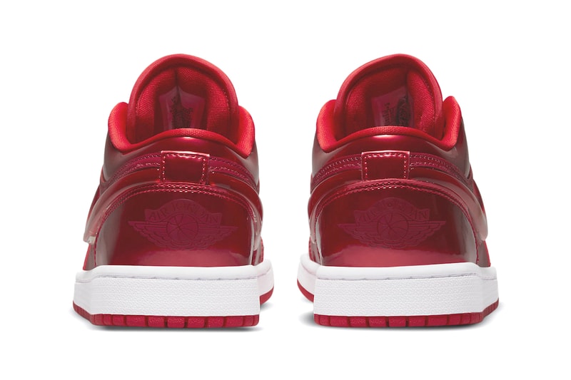 Official Images of Nike Air Jordan 1 Low SE “Pomegranate" Glossy Red Leather Low Top Jelly Swoosh Perforated Toe Cap Stacked Heel White Midsole Red Outsole Jumpman Eyestays Colorway Release Date 