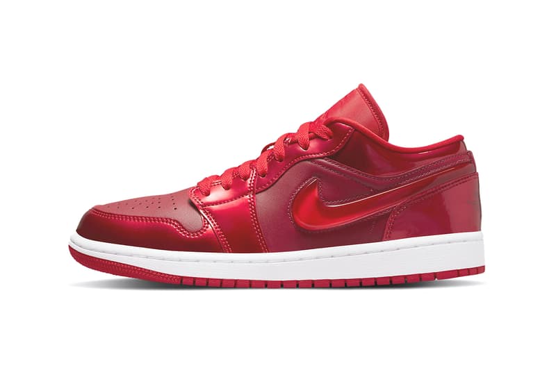 Official Images of Nike Air Jordan 1 Low SE “Pomegranate" Glossy Red Leather Low Top Jelly Swoosh Perforated Toe Cap Stacked Heel White Midsole Red Outsole Jumpman Eyestays Colorway Release Date
