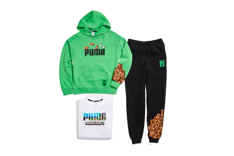 PUMA x Minecraft Apparel Footwear Collaboration 3D Game Virtual Suede Silhouette PUMA Flagship Store DLC Plain Biome Ocelot RS-Z Blocks German Sportswear Label Unlockable Content Sneakers Console System Online 3D Gamers Minecraft Bedrock Edition Minecraft Marketplace Hoodies Sweatpants Eyestays Orange Blue Black White Pixels T-Shirts