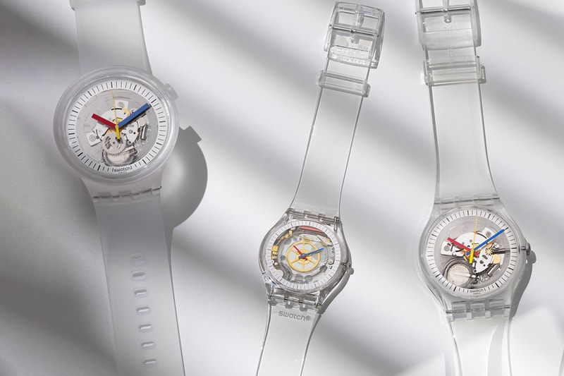 Swatch Unveils Retro Clear Collection Four-Piece Transparent Timepiece Clearly Gent Big Bold New Skin NFC Chip Contactless Payments 1985 Jellyfish 47mm Case 30 Meters Waterproof Glossy Frosted Strap Aperture Red Blue Yellow Hands Mechanisms Internal 