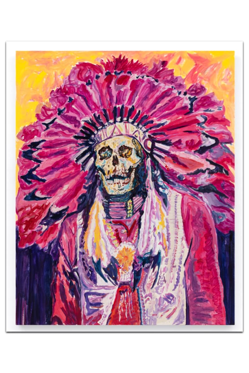 Wes Lang’s Existential “Pink and Blue” Exhibition Almine Rech New York Gallery Picasso Blue and Rose Period Paintings Native American Skull Maranasati Meditation  Native American Reservation Spirituality Canvas Brushstrokes Thin Paint Existential Vivid Colors