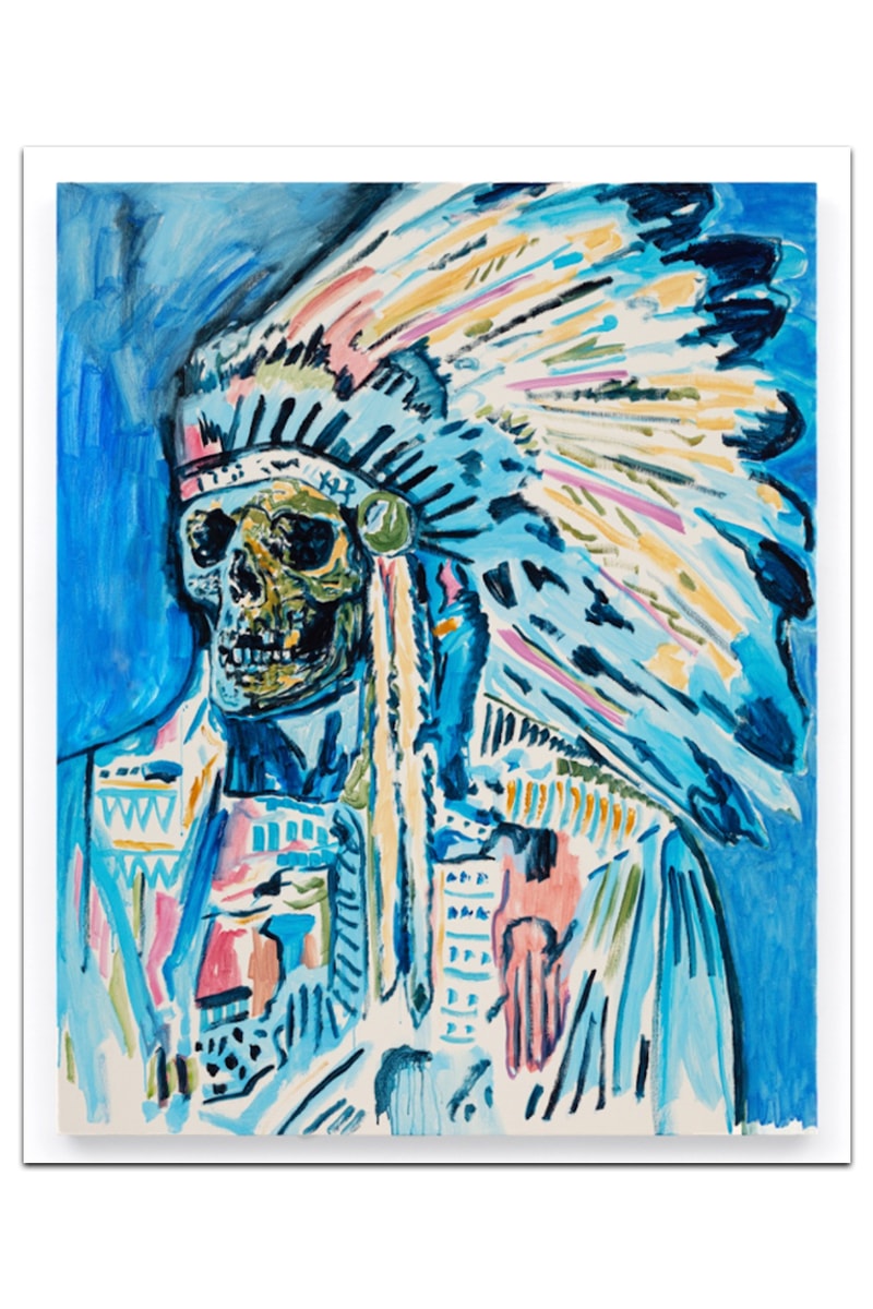 Wes Lang’s Existential “Pink and Blue” Exhibition Almine Rech New York Gallery Picasso Blue and Rose Period Paintings Native American Skull Maranasati Meditation  Native American Reservation Spirituality Canvas Brushstrokes Thin Paint Existential Vivid Colors
