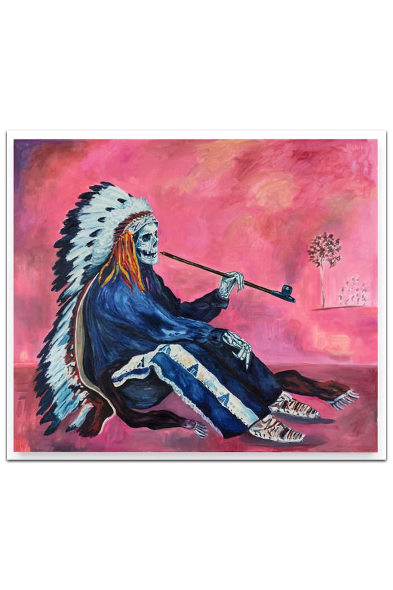 Wes Lang’s Existential “Pink and Blue” Exhibition Almine Rech New York Gallery Picasso Blue and Rose Period Paintings Native American Skull Maranasati Meditation Native American Reservation Spirituality Canvas Brushstrokes Thin Paint Existential Vivid Colors