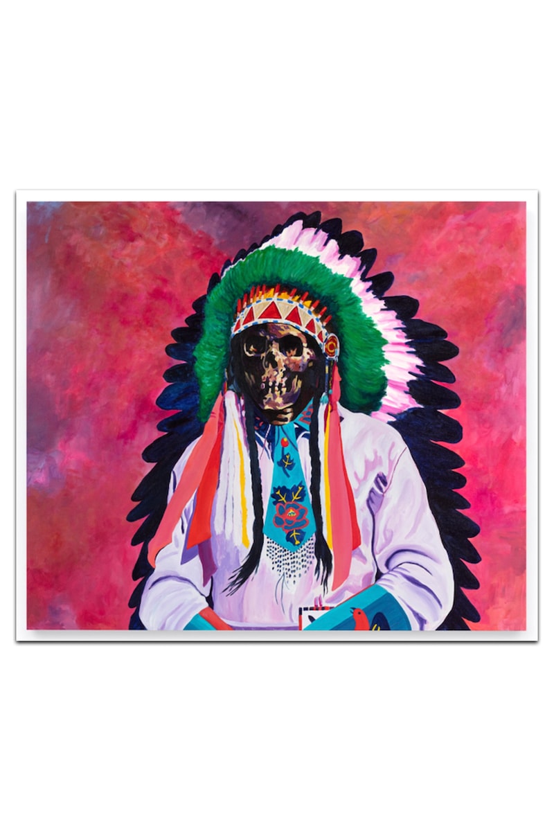 Wes Lang’s Existential “Pink and Blue” Exhibition Almine Rech New York Gallery Picasso Blue and Rose Period Paintings Native American Skull Maranasati Meditation  Native American Reservation Spirituality Canvas Brushstrokes Thin Paint Existential Vivid Colors