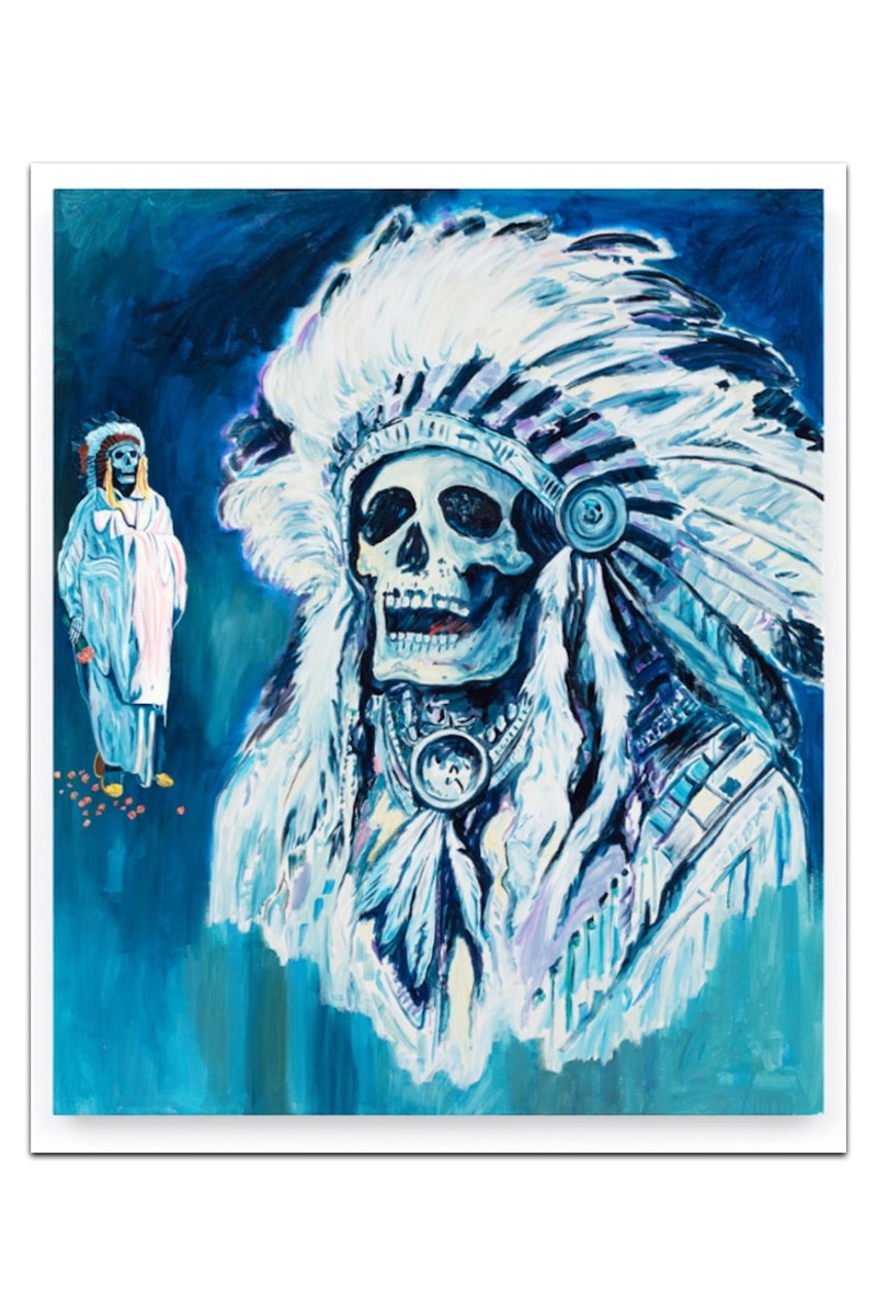 Wes Lang’s Existential “Pink and Blue” Exhibition Almine Rech New York Gallery Picasso Blue and Rose Period Paintings Native American Skull Maranasati Meditation  Native American Reservation Spirituality Canvas Brushstrokes Thin Paint Existential Vivid Colors
