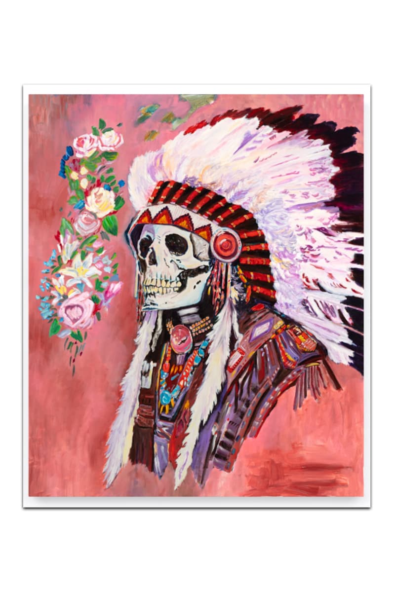 Wes Lang’s Existential “Pink and Blue” Exhibition Almine Rech New York Gallery Picasso Blue and Rose Period Paintings Native American Skull Maranasati Meditation Native American Reservation Spirituality Canvas Brushstrokes Thin Paint Existential Vivid Colors