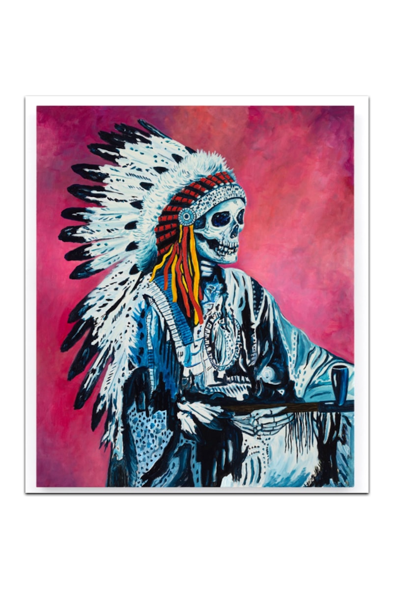 Wes Lang’s Existential “Pink and Blue” Exhibition Almine Rech New York Gallery Picasso Blue and Rose Period Paintings Native American Skull Maranasati Meditation  Native American Reservation Spirituality Canvas Brushstrokes Thin Paint Existential Vivid Colors