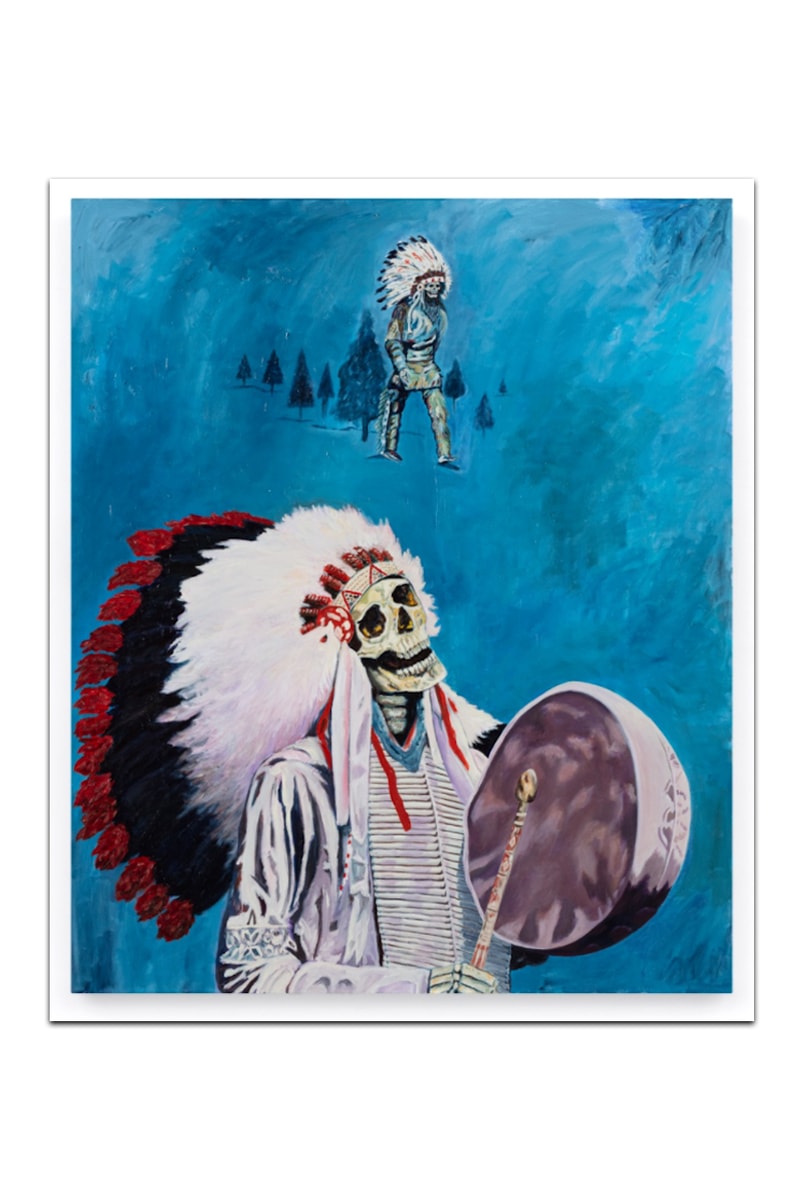 Wes Lang’s Existential “Pink and Blue” Exhibition Almine Rech New York Gallery Picasso Blue and Rose Period Paintings Native American Skull Maranasati Meditation  Native American Reservation Spirituality Canvas Brushstrokes Thin Paint Existential Vivid Colors