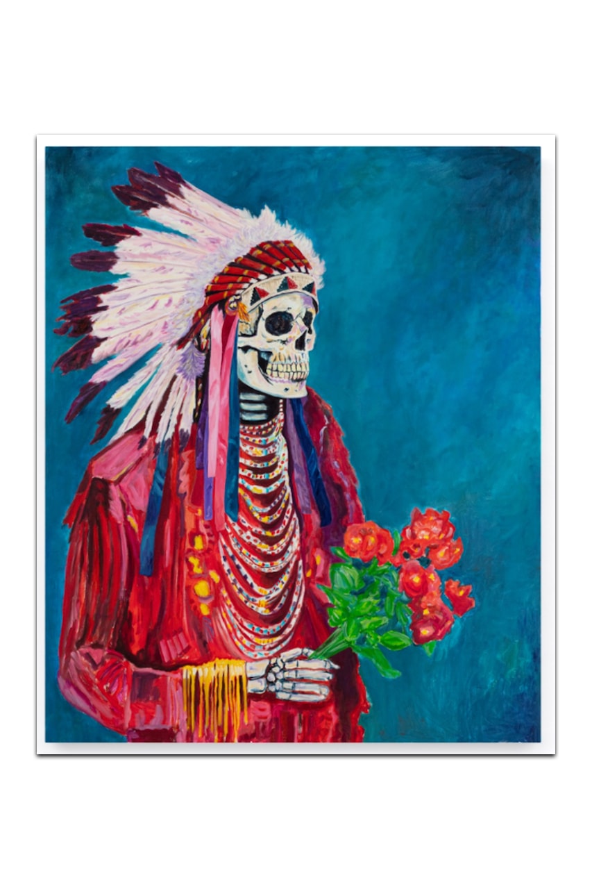 Wes Lang’s Existential “Pink and Blue” Exhibition Almine Rech New York Gallery Picasso Blue and Rose Period Paintings Native American Skull Maranasati Meditation  Native American Reservation Spirituality Canvas Brushstrokes Thin Paint Existential Vivid Colors