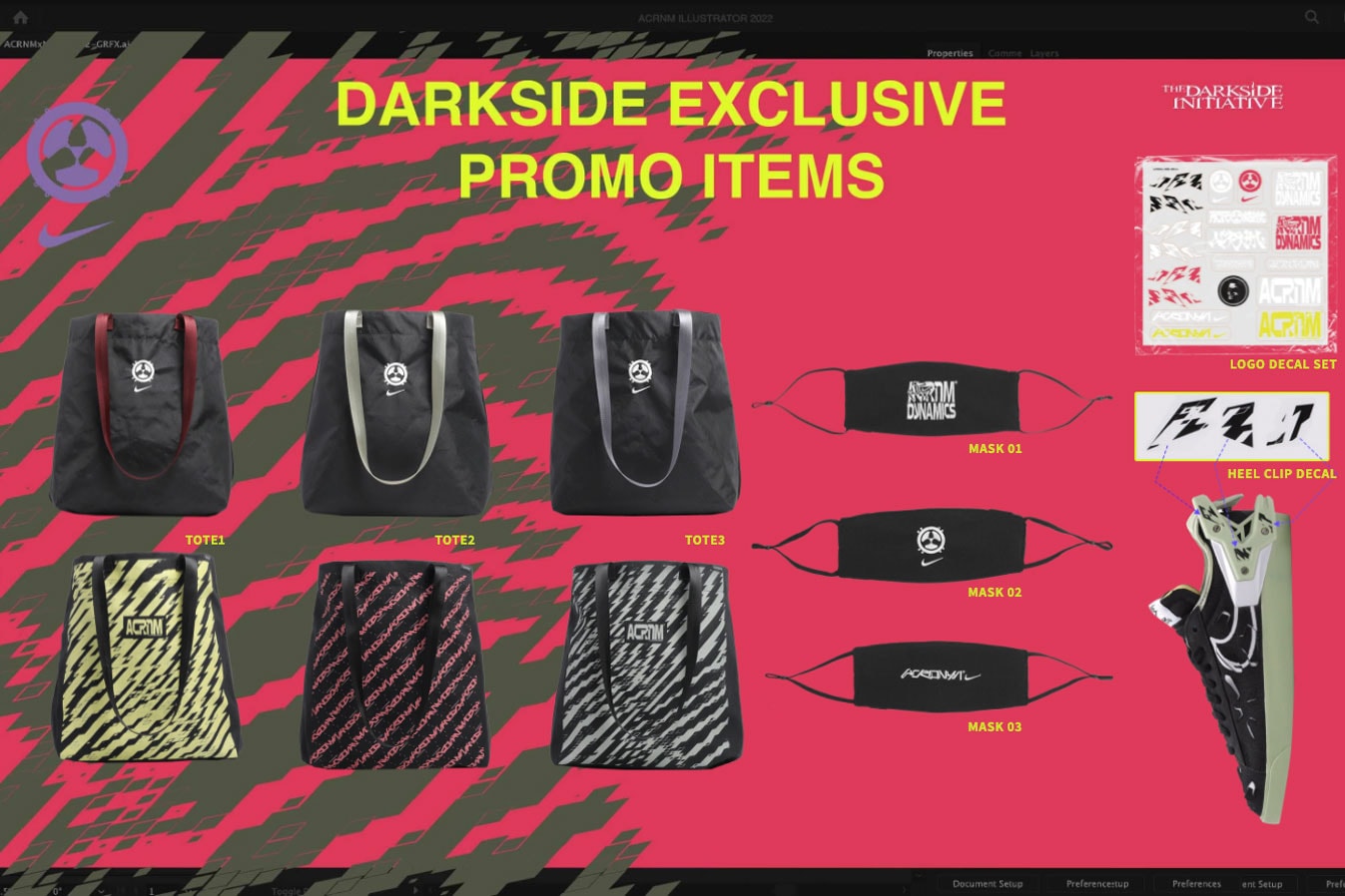 The Darkside Initiative Exclusive Nike ACRONYM Accessories facemask carrying options totes decals microsite fencing promo video news release info
