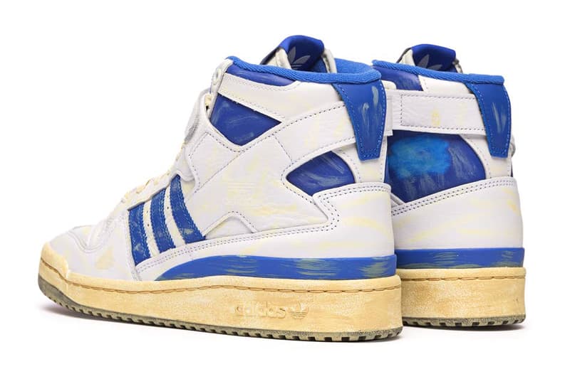 adidas Originals Forum '84 High AEC Retro Distressed Aged Yellowed Basketball Sneaker Three Stripes OG Release Information gz6467 gz6468 white yellow blue