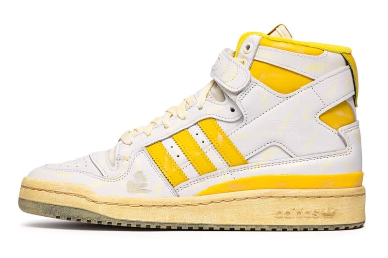 adidas Originals Forum '84 High AEC Retro Distressed Aged Yellowed Basketball Sneaker Three Stripes OG Release Information gz6467 gz6468 white yellow blue